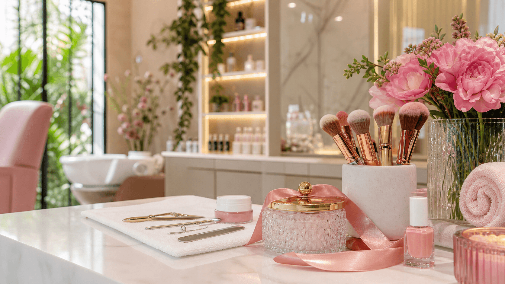 Mesa elegante com itens de maquiagem, unhas e autocuidado
